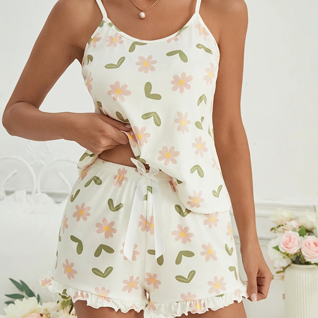 Elegant women’s pajama set with daisy print