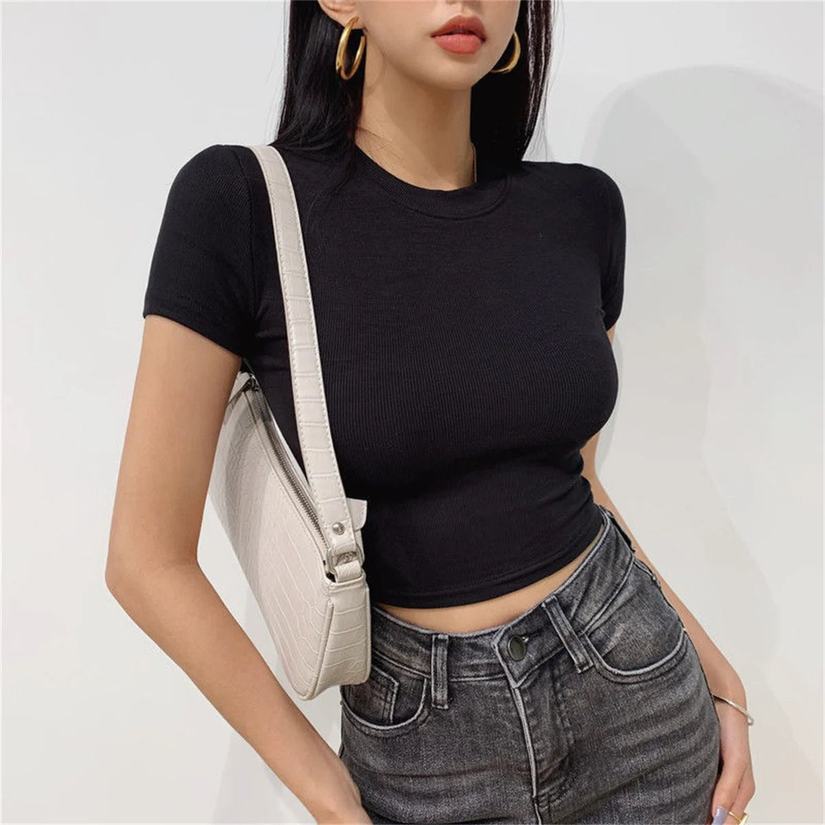 Summer Women's Short Sleeve Crop Slim Fit Crew