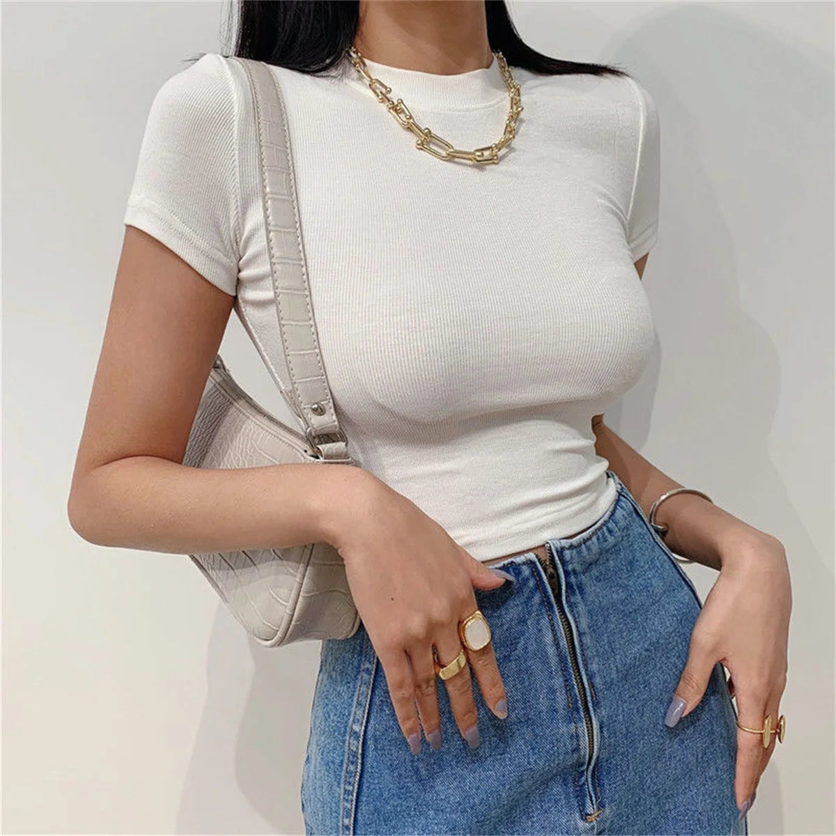 Summer Women's Short Sleeve Crop Slim Fit Crew