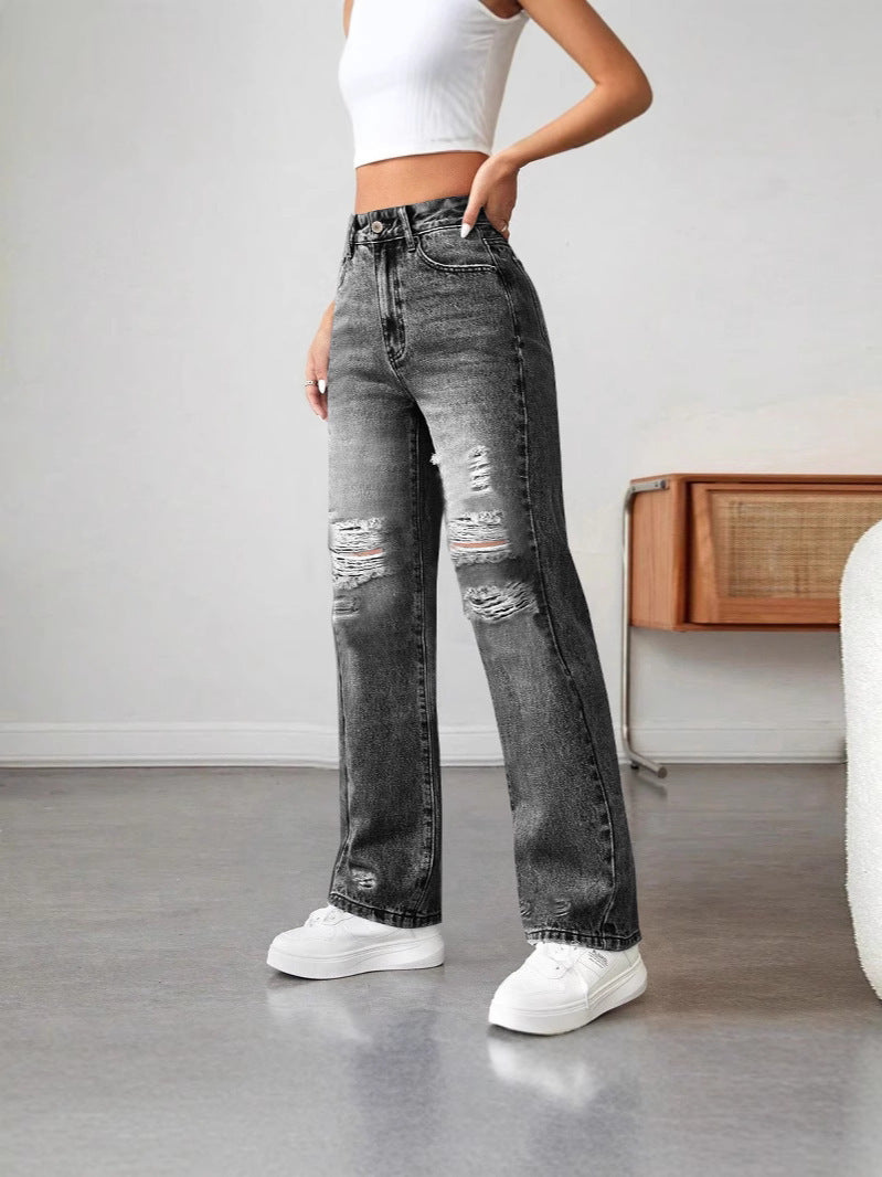 women’s high-waisted straight-leg ripped jeans.