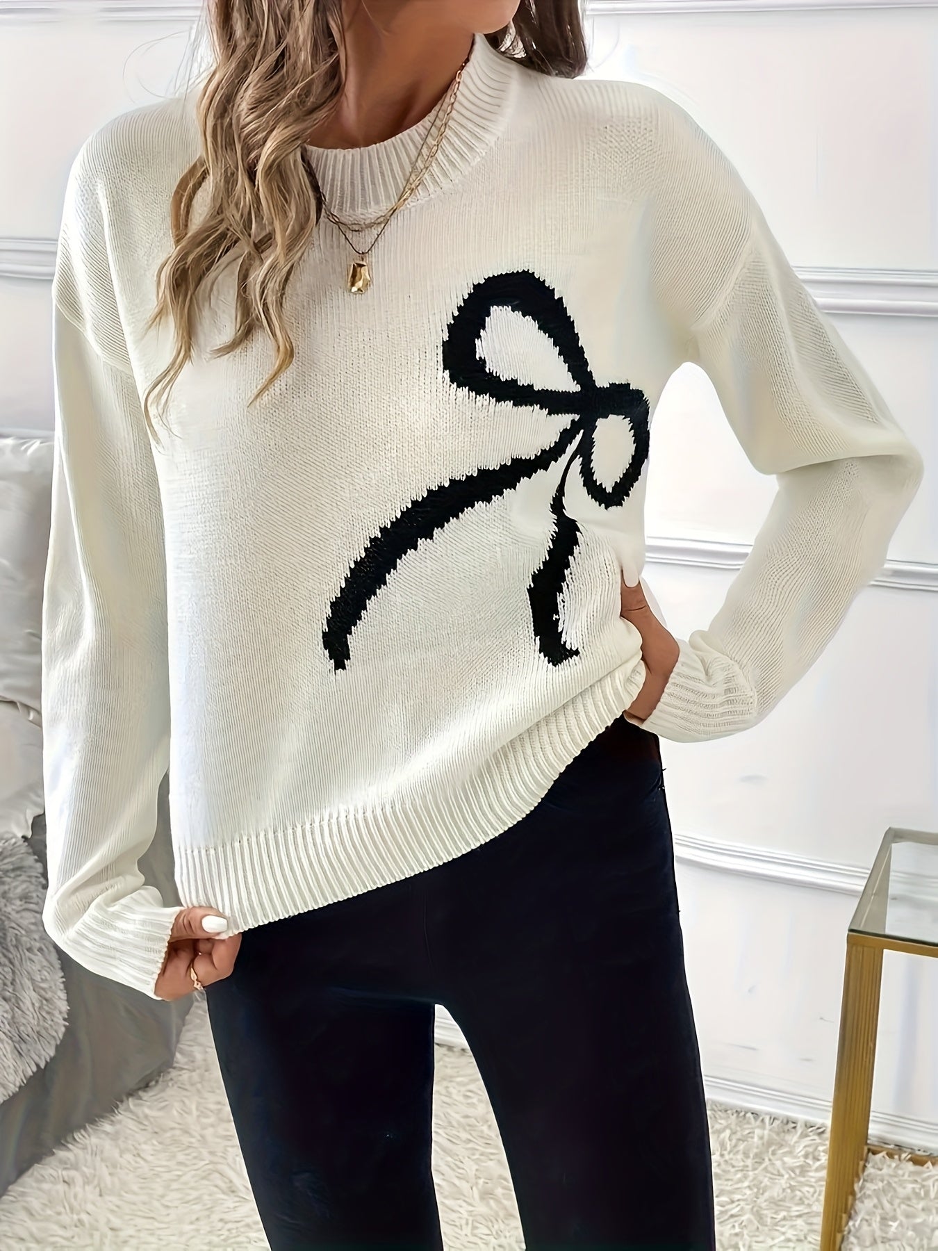 Women'S Elegant Bow Tie Round Neck Sweater