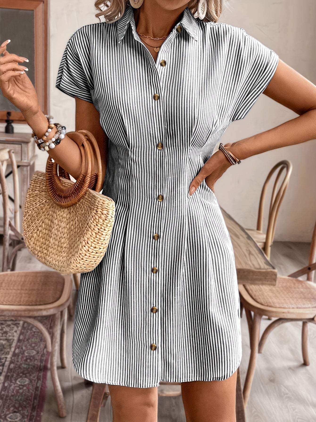 Elegant short-sleeve striped shirt dress